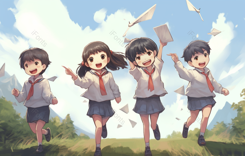 课外活动中小同学们正在放着纸飞机,插画/手绘图,插画/手绘图库,插画/手绘图下载,插画/手绘